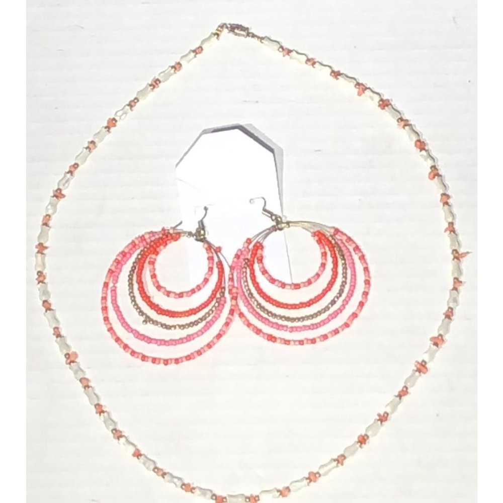 Vintage Beaded Necklace and Hoop Earrings Set Pink